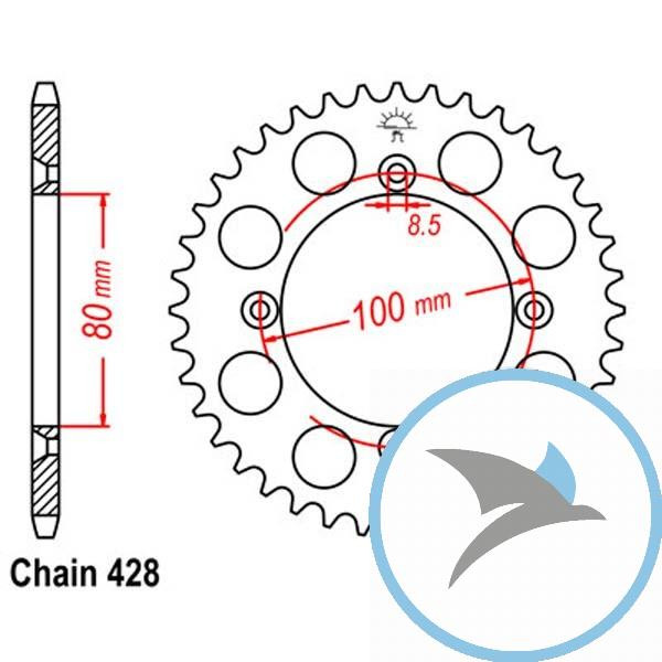 Kettenrad 50Z Teilung 428 Innendurchmesser 080 Lochkreis 100 - JTR1204.50