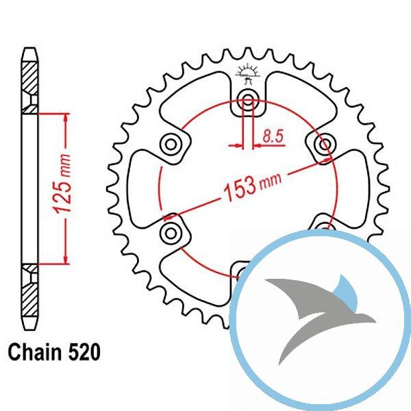 Kettenrad 53Z Teilung 520 Innendurchmesser 125 Lochkreis 153 - JTR210.53