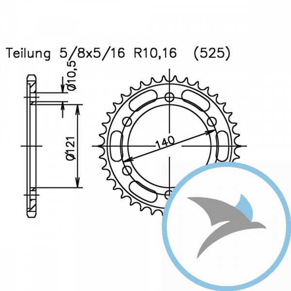 Kettenrad 45Z Teilung 525 schwarzInnendurchmesser 121 Lochkreis 140 -