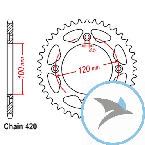Kettenrad 50Z Teilung 420 Innendurchmesser 100 Lochkreis 120 - JTR1141.50