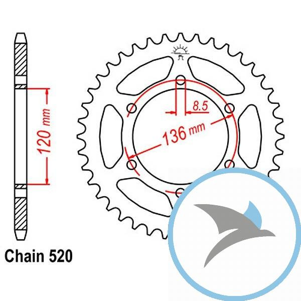 Kettenrad 37Z Teilung 520 Innendurchmesser 120 Lochkreis 136 - JTR846.37