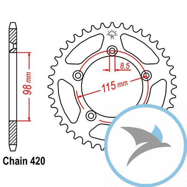 Kettenrad 46Z Teilung 420 Innendurchmesser 098 Lochkreis 115 - JTR894.46
