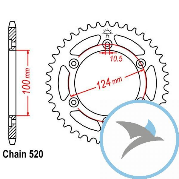 Kettenrad 40Z Teilung 520 Innendurchmesser 100 Lochkreis 124 - JTR735.40