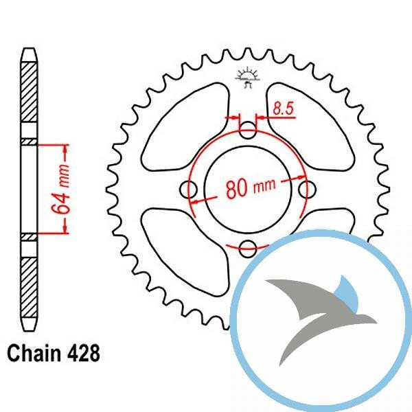 Kettenrad 36Z Teilung 428 Innendurchmesser 064 Lochkreis 080 - JTR838.36