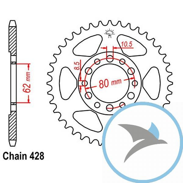 Kettenrad 49Z Teilung 428 Innendurchmesser 062 Lochkreis 080 - JTR1842.49