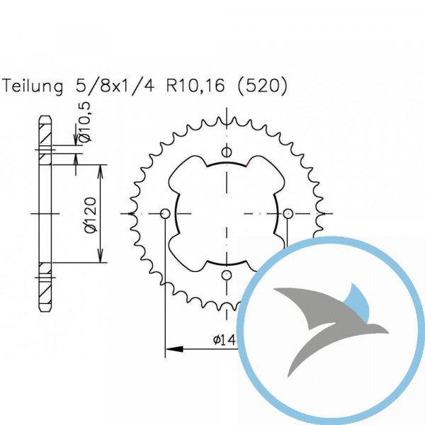 Kettenrad 38Z Teilung 520 schwarz Innendurchmesser 120 Lochkreis 142