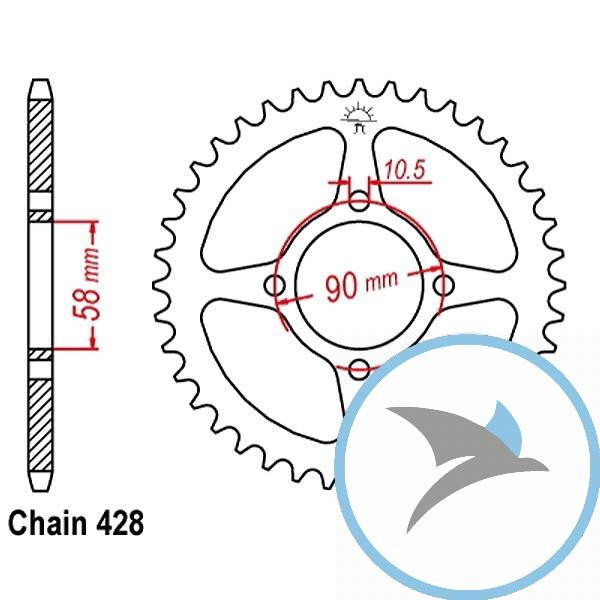 Kettenrad 45Z Teilung 428 Innendurchmesser 058 Lochkreis 090 - JTR1221.45