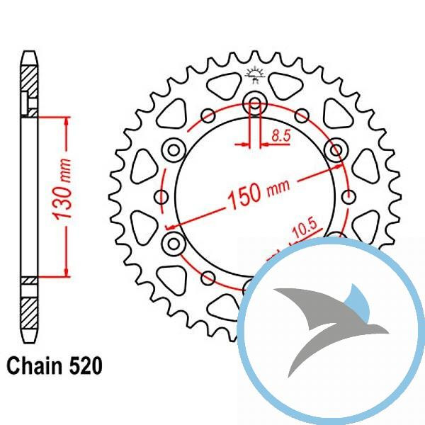 Kettenrad 45Z Teilung 520 Innendurchmesser 130 Lochkreis 150 - JTR245/3.45
