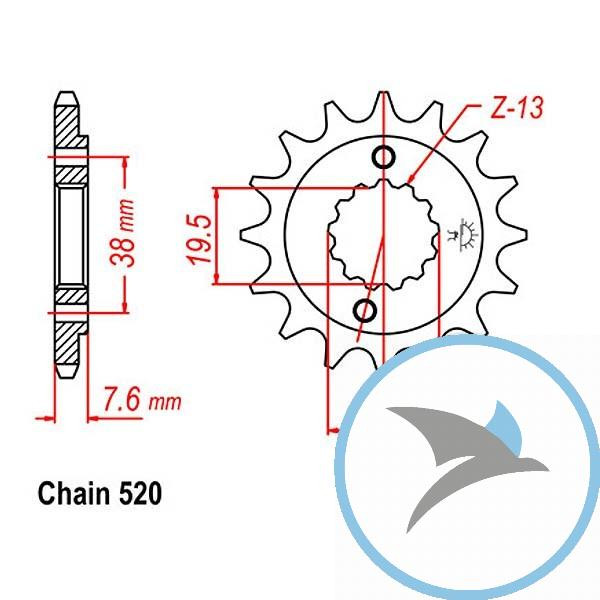 Ritzel 16Z Teilung 520 feinverzahnt Innendurchmesser 19.5/22 - JTF1401.16