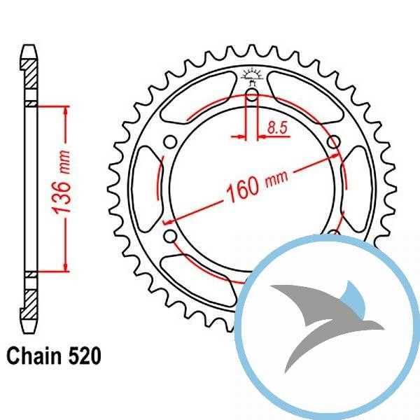 Kettenrad 45Z Teilung 520 Innendurchmesser 136 Lochkreis 160 - JTR5.45