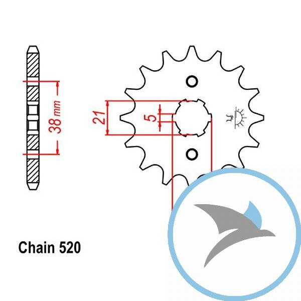 Ritzel 14Z Teilung 520 grobverzahnt 5 Innendurchmesser 21/25 - JTF1573.14