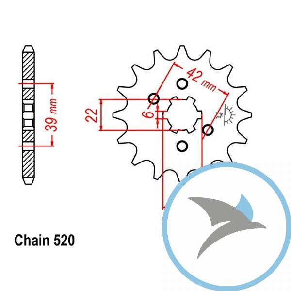 Ritzel 16Z Teilung 520 grobverzahnt 6 Innendurchmesser 22/25 - JTF1265.16