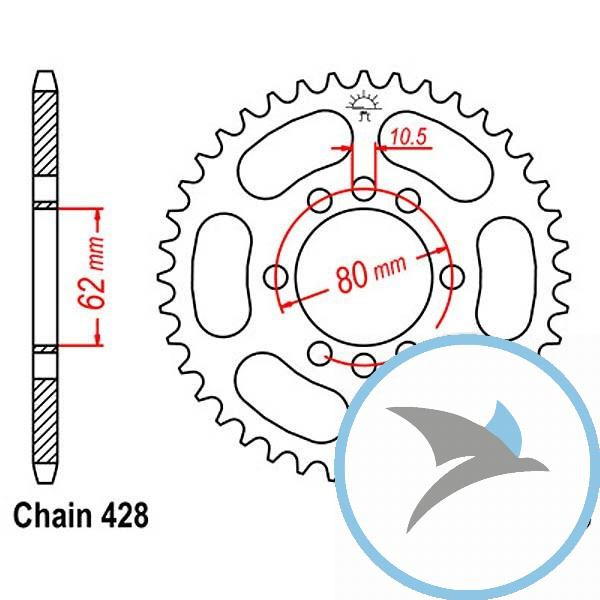 Kettenrad 51Z Teilung 428 Innendurchmesser 062 Lochkreis 080 - JTR843.51