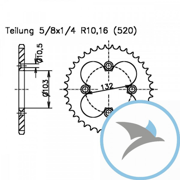 Kettenrad 37Z Teilung 520 schwarz Innendurchmesser 103 Lochkreis 132