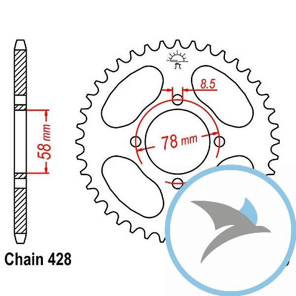 Kettenrad 37Z Teilung 428 Innendurchmesser 058 Lochkreis 078 - JTR810.37