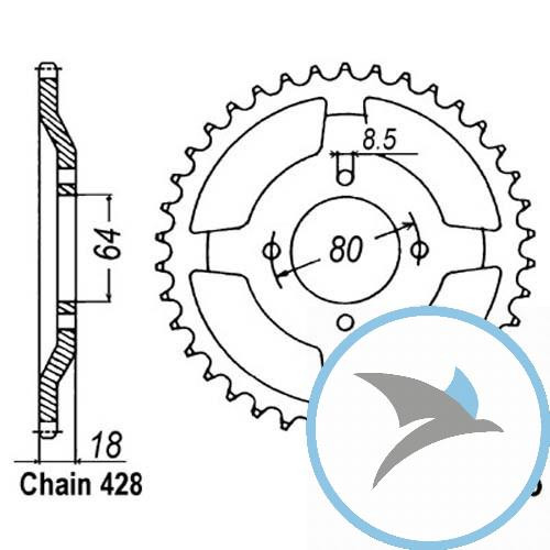 Kettenrad 51Z Teilung 428 Innendurchmesser 064 Lochkreis 080 - JTR1925.51