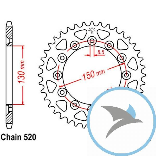 Kettenrad 46Z Teilung 520 Innendurchmesser 130 Lochkreis 150 - JTR245/2.46