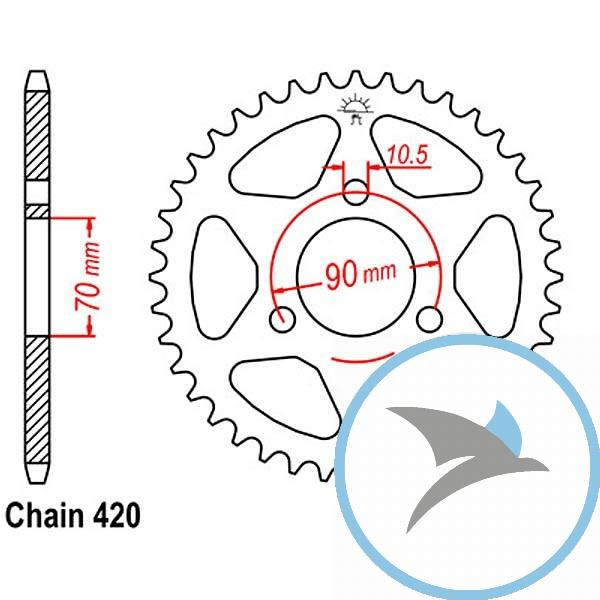 Kettenrad 36Z Teilung 420 Innendurchmesser 070 Lochkreis 090 - JTR239.36