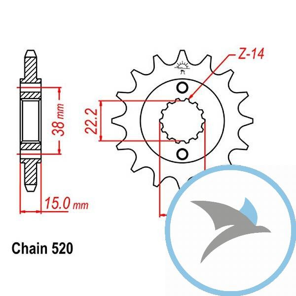 Ritzel 14Z Teilung 520 feinverzahnt Innendurchmesser 22.2/25 - JTF737.14
