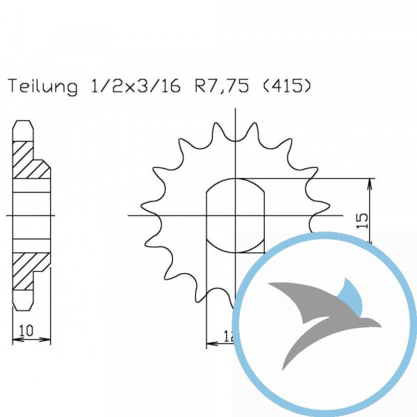 Ritzel 10Z Teilung 415 LANGLOCH 12.2/15