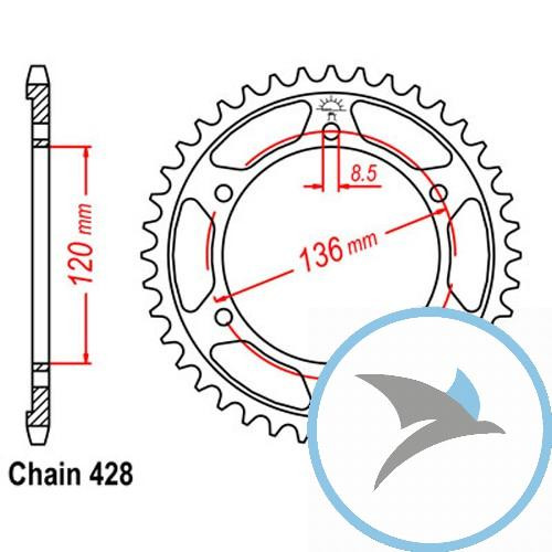 Kettenrad 51Z Teilung 428 Innendurchmesser 120 Lochkreis 136 - JTR1847.51