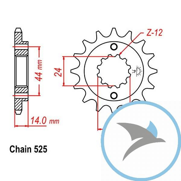 Ritzel 16Z Teilung 525 feinverzahnt Innendurchmesser 24/28.7 - JTF314.16