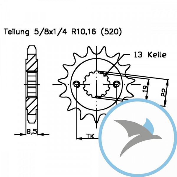 Ritzel 15Z Teilung 520 feinverzahnt Innendurchmesser 19/22 - JTF1908.15