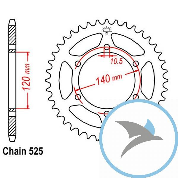 Kettenrad 45Z Teilung 525 Innendurchmesser 120 Lochkreis 140 - JTR498.45