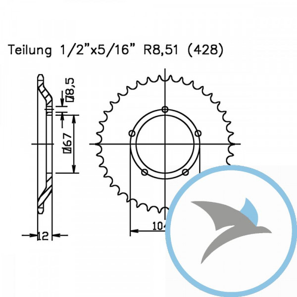 Kettenrad 55Z Teilung 428 Innendurchmesser 067 Lochkreis 104
