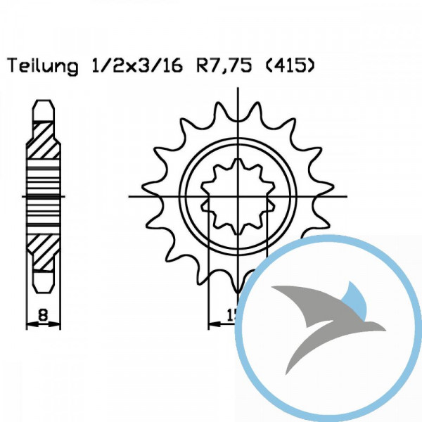 Ritzel 15Z Teilung 415 feinverzahnt Innendurchmesser 15/18