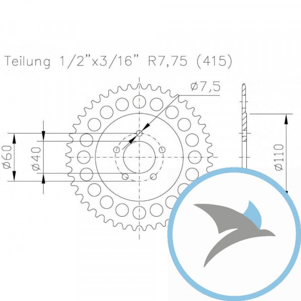 Alu-Kettenrad 44Z Teilung 415 silber Esjot Innendurchmesser 040 Lochkreis 060