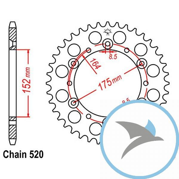 Kettenrad 52Z Teilung 520 Innendurchmesser 152 Lochkreis 175 - JTR853.52