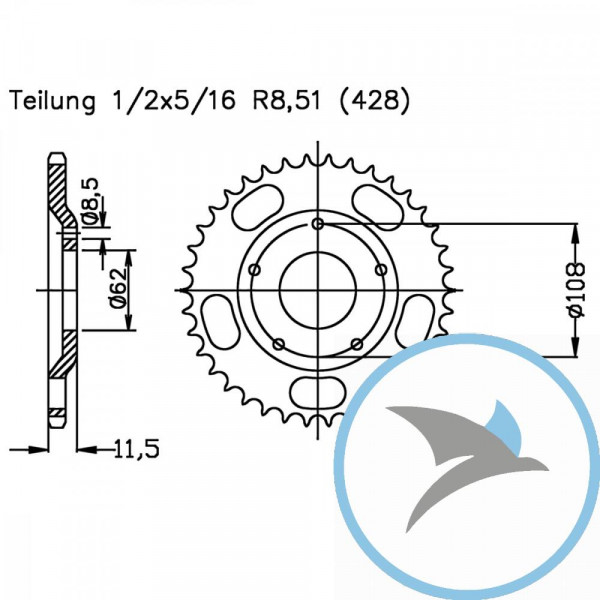 Kettenrad 53Z Teilung 428 Innendurchmesser 062 Lochkreis 108