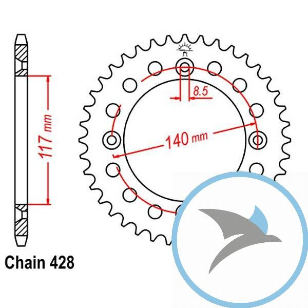 Kettenrad 46Z Teilung 428 Innendurchmesser 117 Lochkreis 140 - JTR831.46