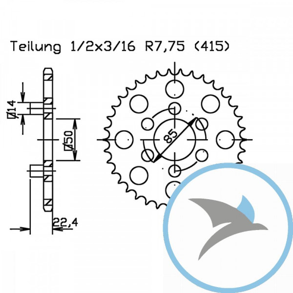 Kettenrad 46Z Teilung 415 schwarz Innendurchmesser 050 Lochkreis 085