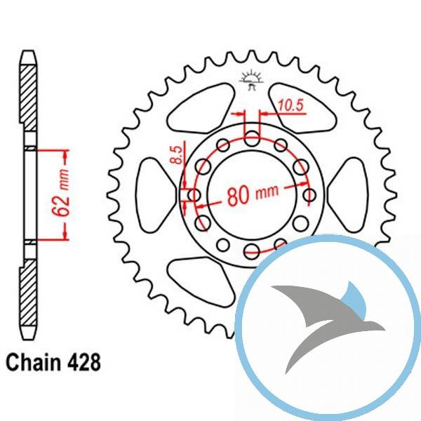 Kettenrad 45Z Teilung 428 Innendurchmesser 062 Lochkreis 080 - JTR1842.45
