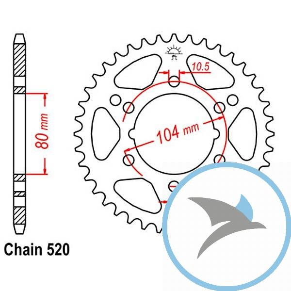 Kettenrad 43Z Teilung 520 Innendurchmesser 080 Lochkreis 104 - JTR1478.43