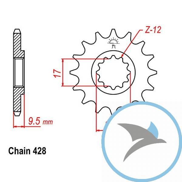 Ritzel 14Z Teilung 428 feinverzahnt Innendurchmesser 17/20 - JTF1907.14