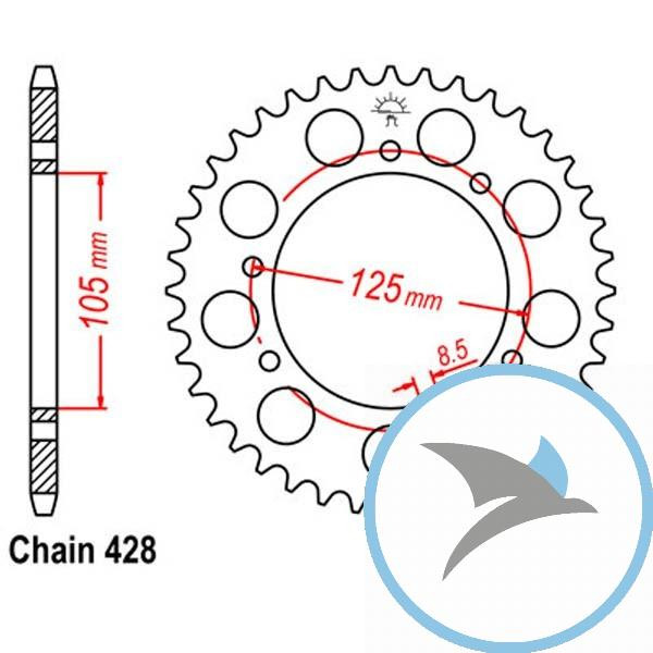 Kettenrad 57Z Teilung 428 Innendurchmesser 105 Lochkreis 125 - JTR1134.57