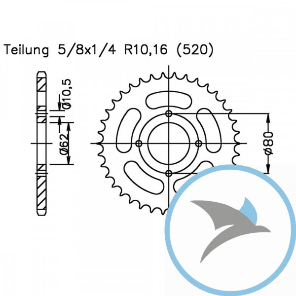 Kettenrad 53Z Teilung 520 Innendurchmesser 062 Lochkreis 080