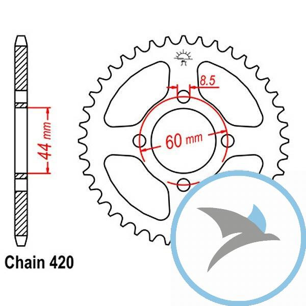 Kettenrad 43Z Teilung 420 Innendurchmesser 044 Lochkreis 060 - JTR832.43