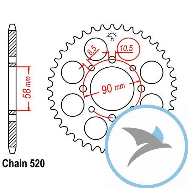 Kettenrad 40Z Teilung 520 Innendurchmesser 058 Lochkreis 090 - JTR273.40