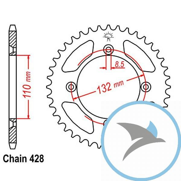 Kettenrad 49Z Teilung 428 Innendurchmesser 110 Lochkreis 132 - JTR895.49
