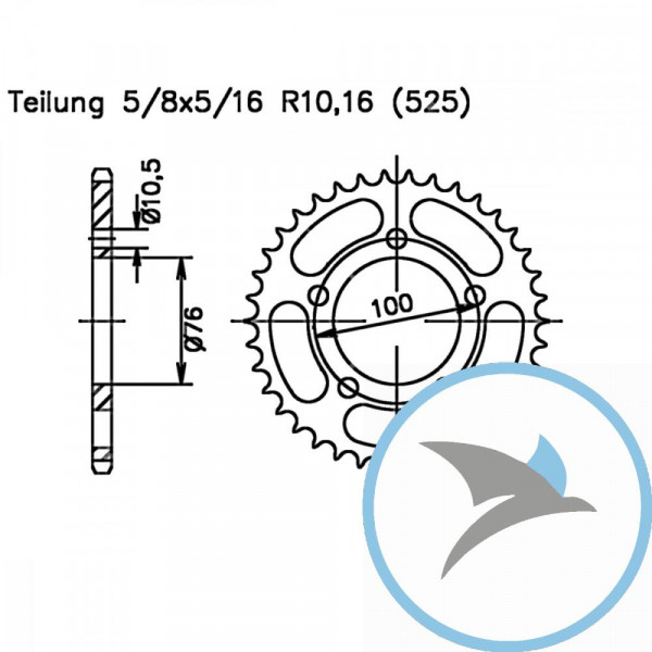 Kettenrad 36Z Teilung 525 schwarz Innendurchmesser 076 Lochkreis 100