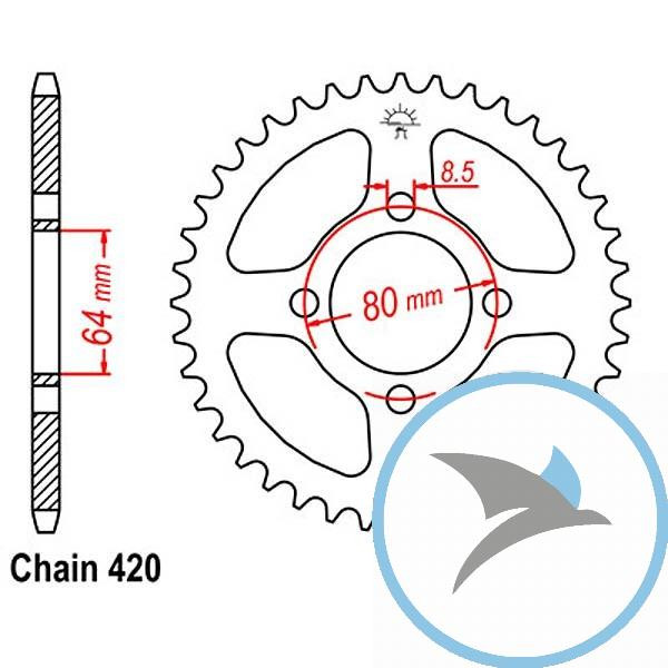 Kettenrad 39Z Teilung 420 Innendurchmesser 064 Lochkreis 080 - JTR834.39