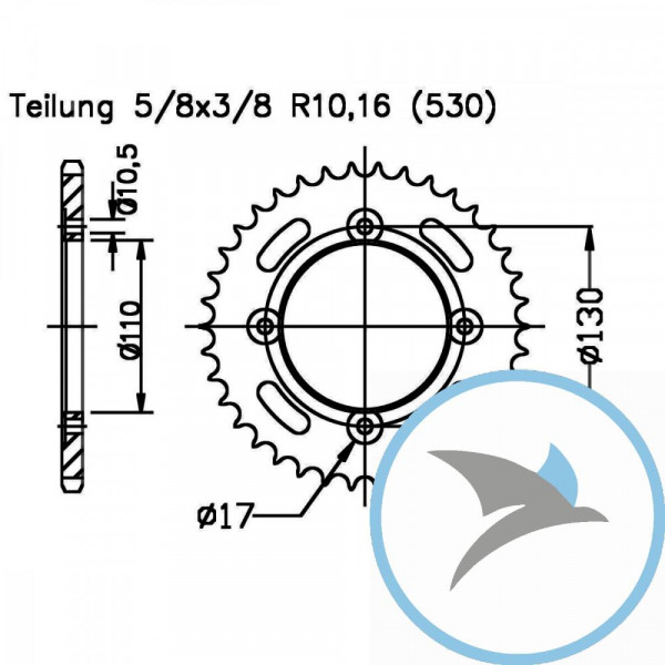 Kettenrad 38Z Teilung 530 schwarz Innendurchmesser 110 Lochkreis 130
