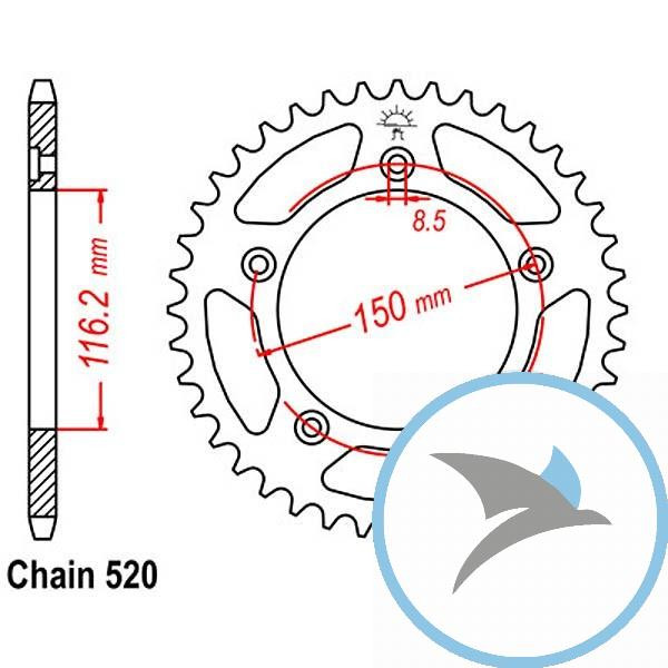 Kettenrad 42Z Teilung 520 Innendurchmesser 116 Lochkreis 150 - JTR28.42