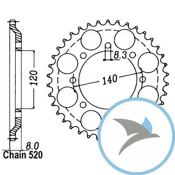 Kettenrad 43Z Teilung 520 Innendurchmesser 120 Lochkreis 140 - JTR477.43