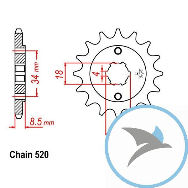 Ritzel 15Z Teilung 520 grobverzahnt 4 Innendurchmesser 18/20 - JTF270.15