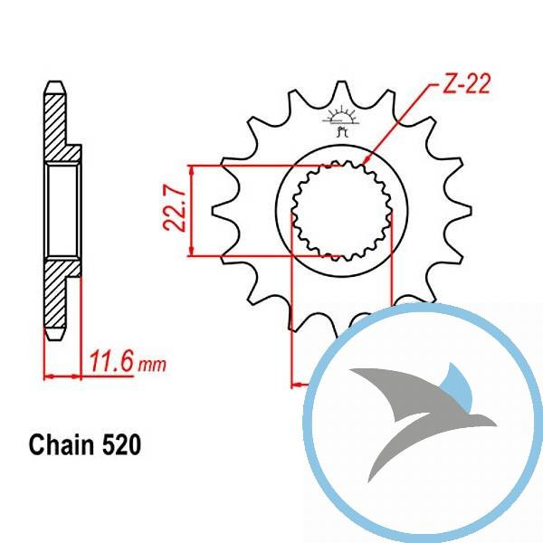 Ritzel 12Z Teilung 520 feinverzahnt Innendurchmesser 22.7/25 - JTF3221.12